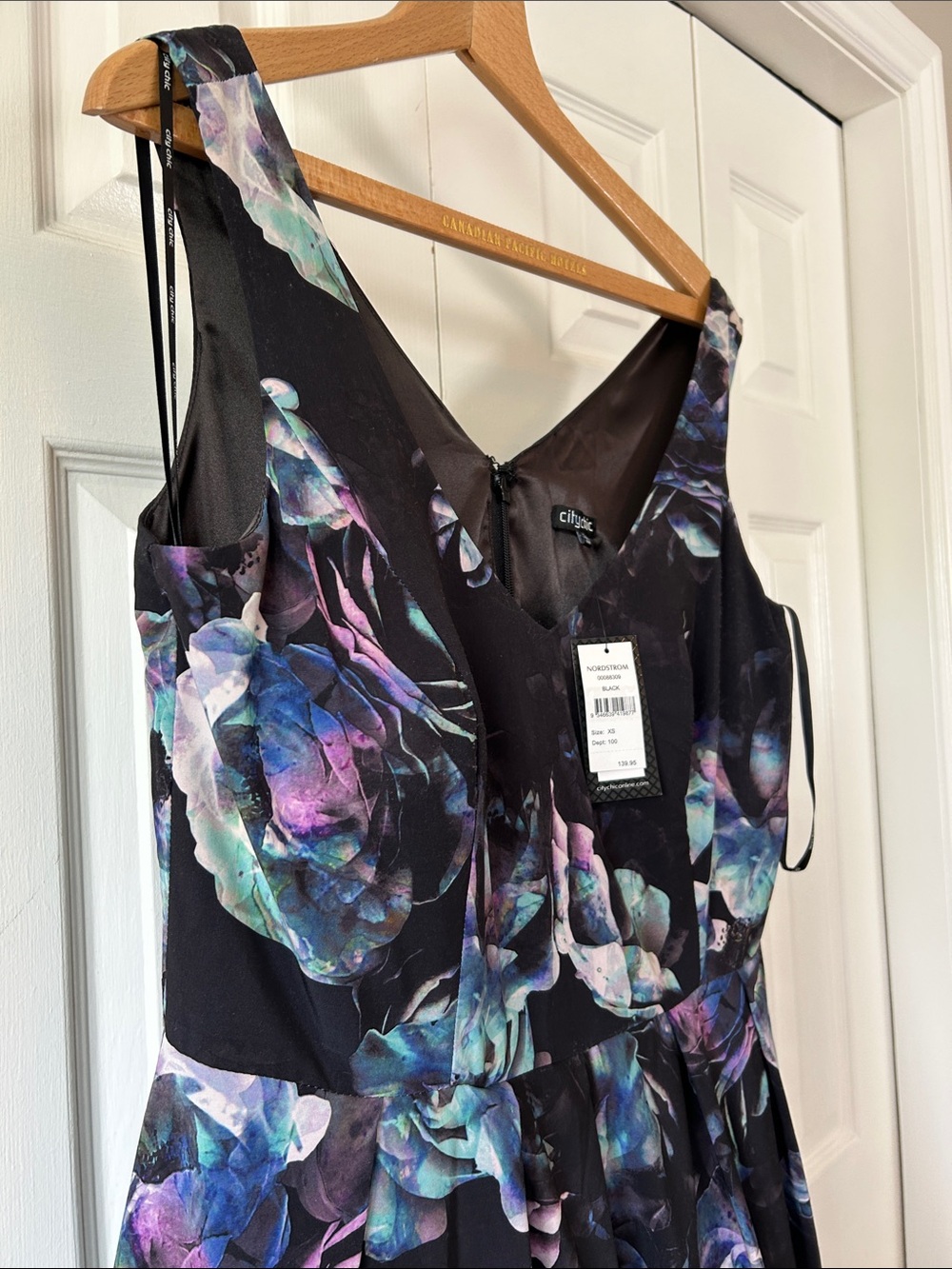 Floral V-Neck Black Dress with Blue-Purple Accents - Picture 7 of 10